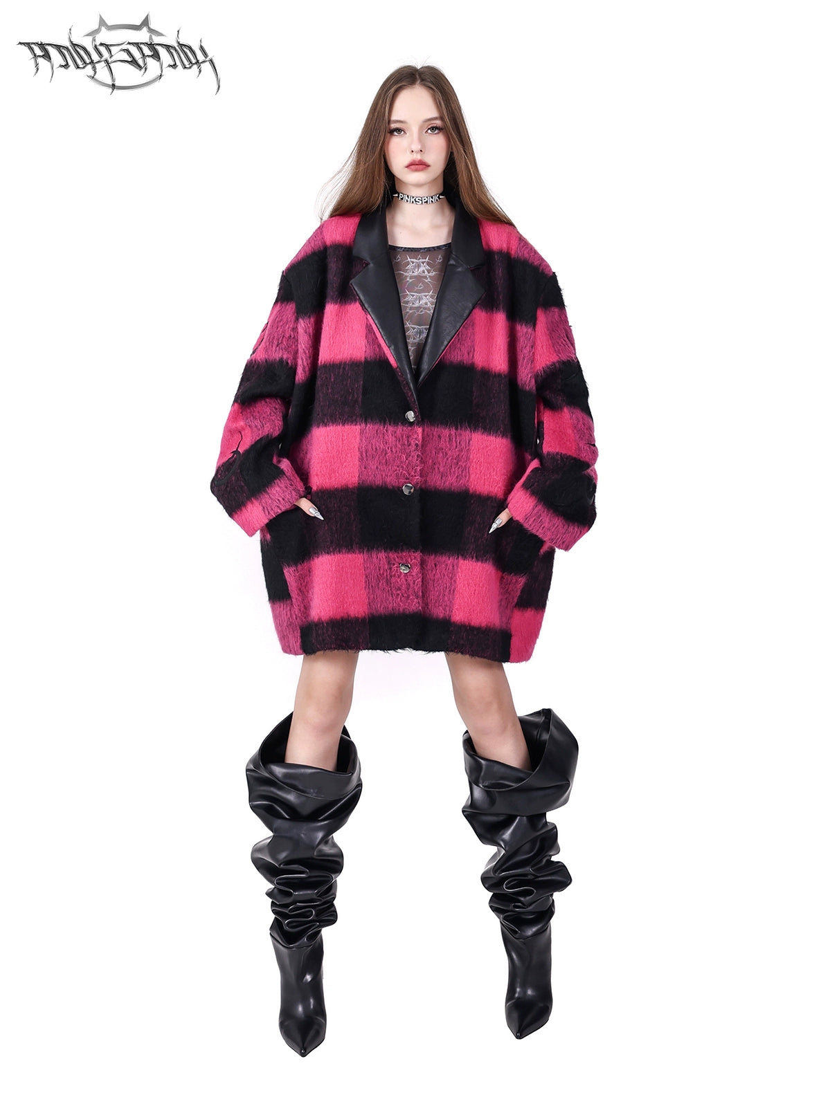 Plaid Leather Embroidered Shoulder Pads Genderless Coat