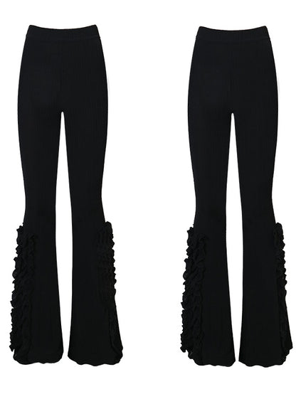 Frill Stretch Knit Long Flared Pants