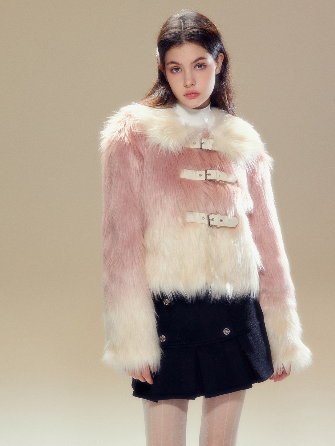 Gradient Long Hair Leather Buckle Friendly Fur Jacket