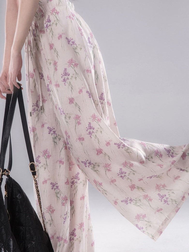 Flower Drawstring Printed Wide-leg Pants