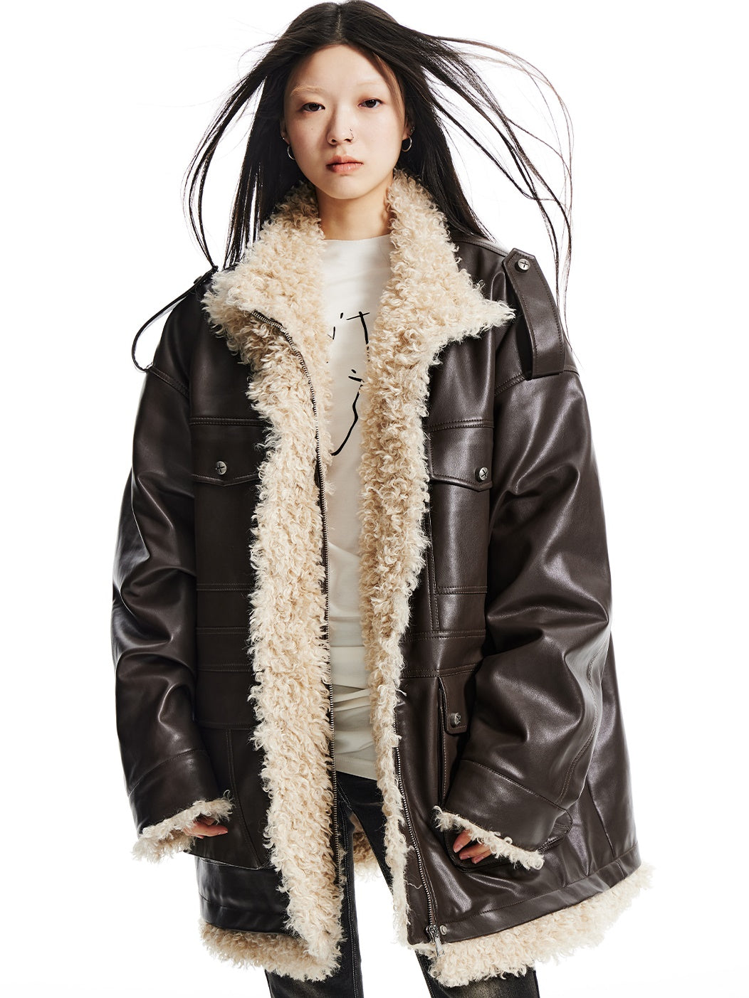 Curly Fur Splicing PU Leather Work Half Coat