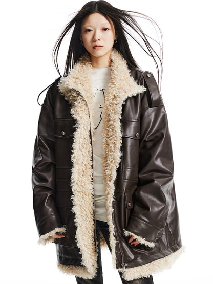 Curly Fur Splicing PU Leather Work Half Coat