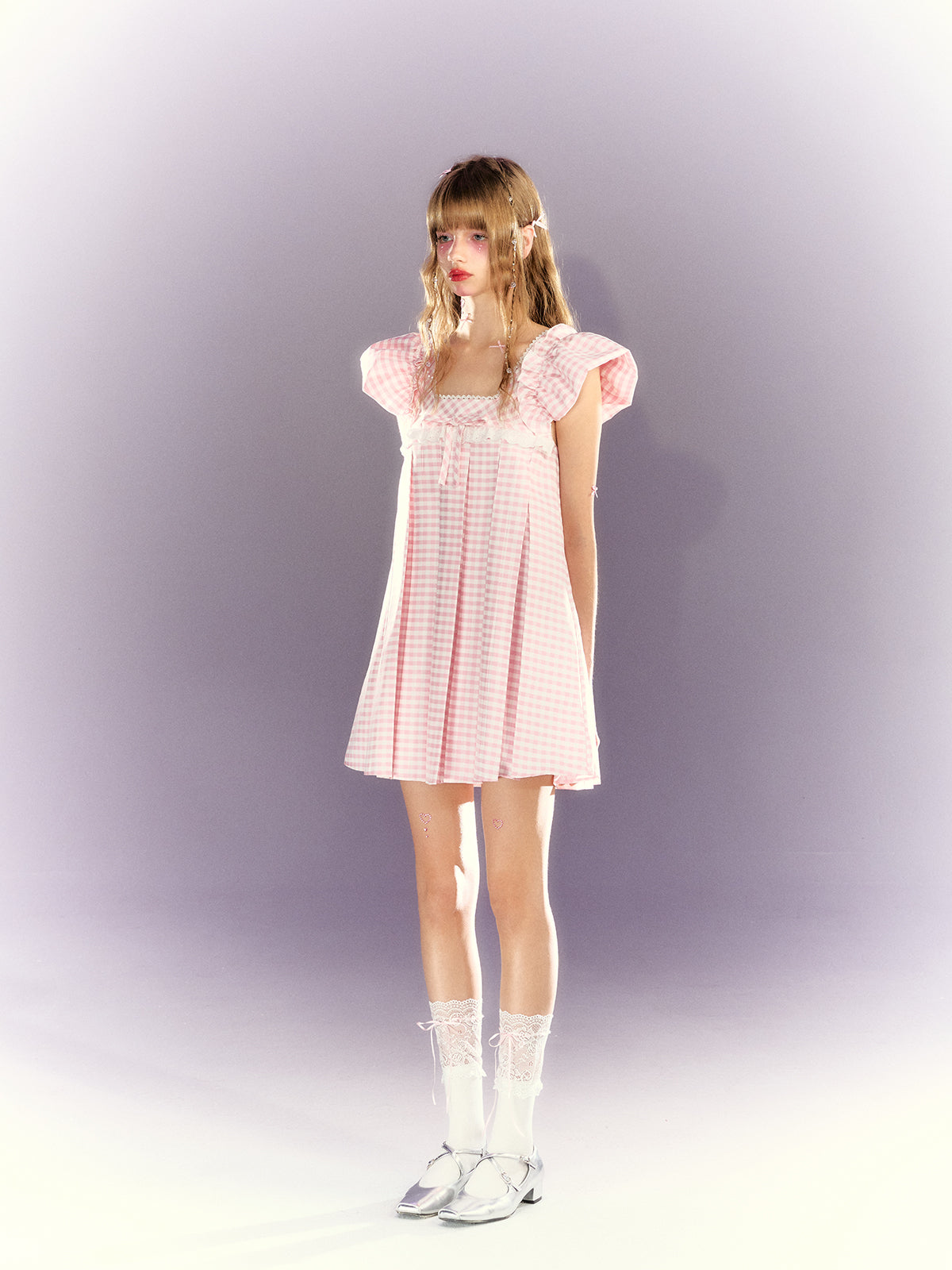 Plaid Bow Lace Square Collar Babydoll Dress