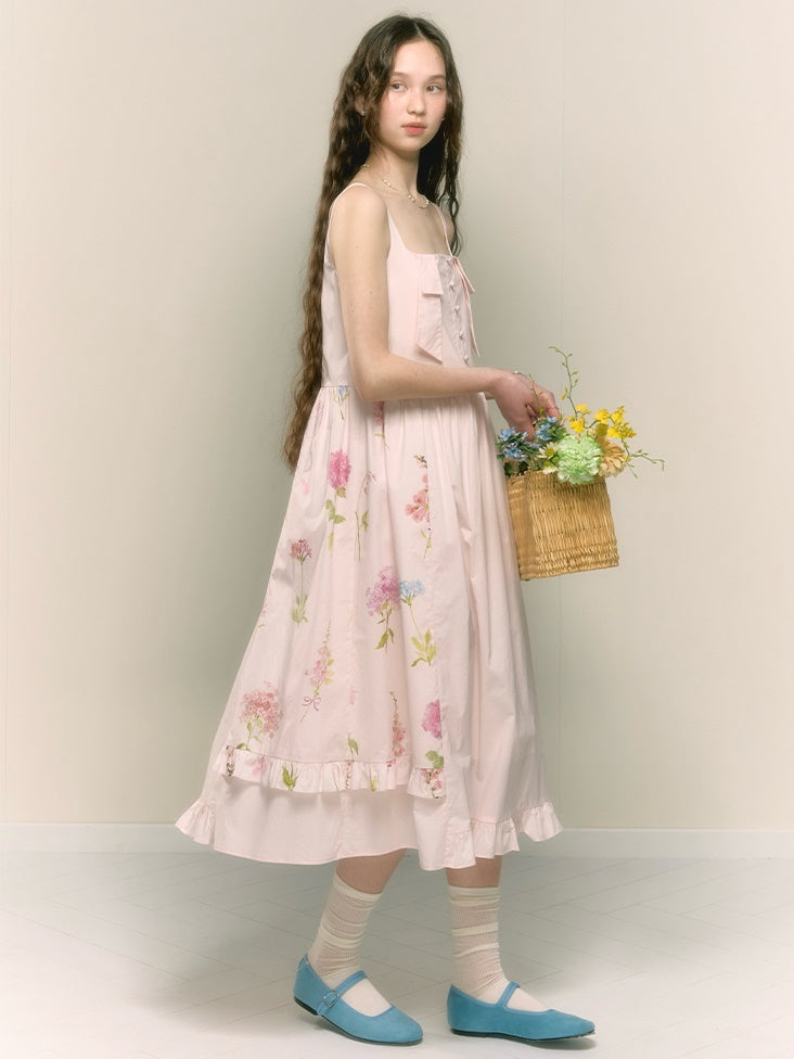 Asymmetric Floral Pleated High Waist Suspender Dress