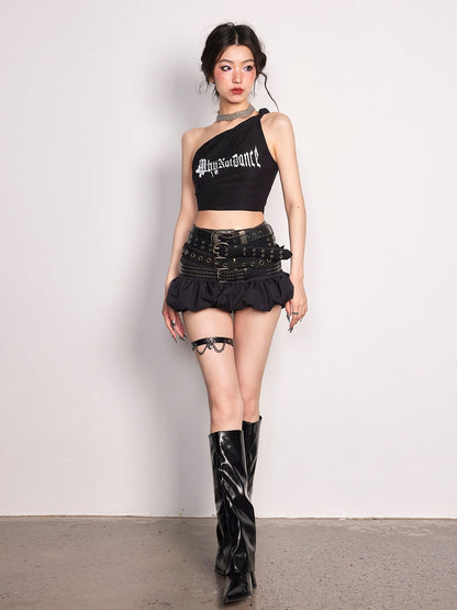 Asymmetric One-Shoulder Print Short Sling T-Shirt