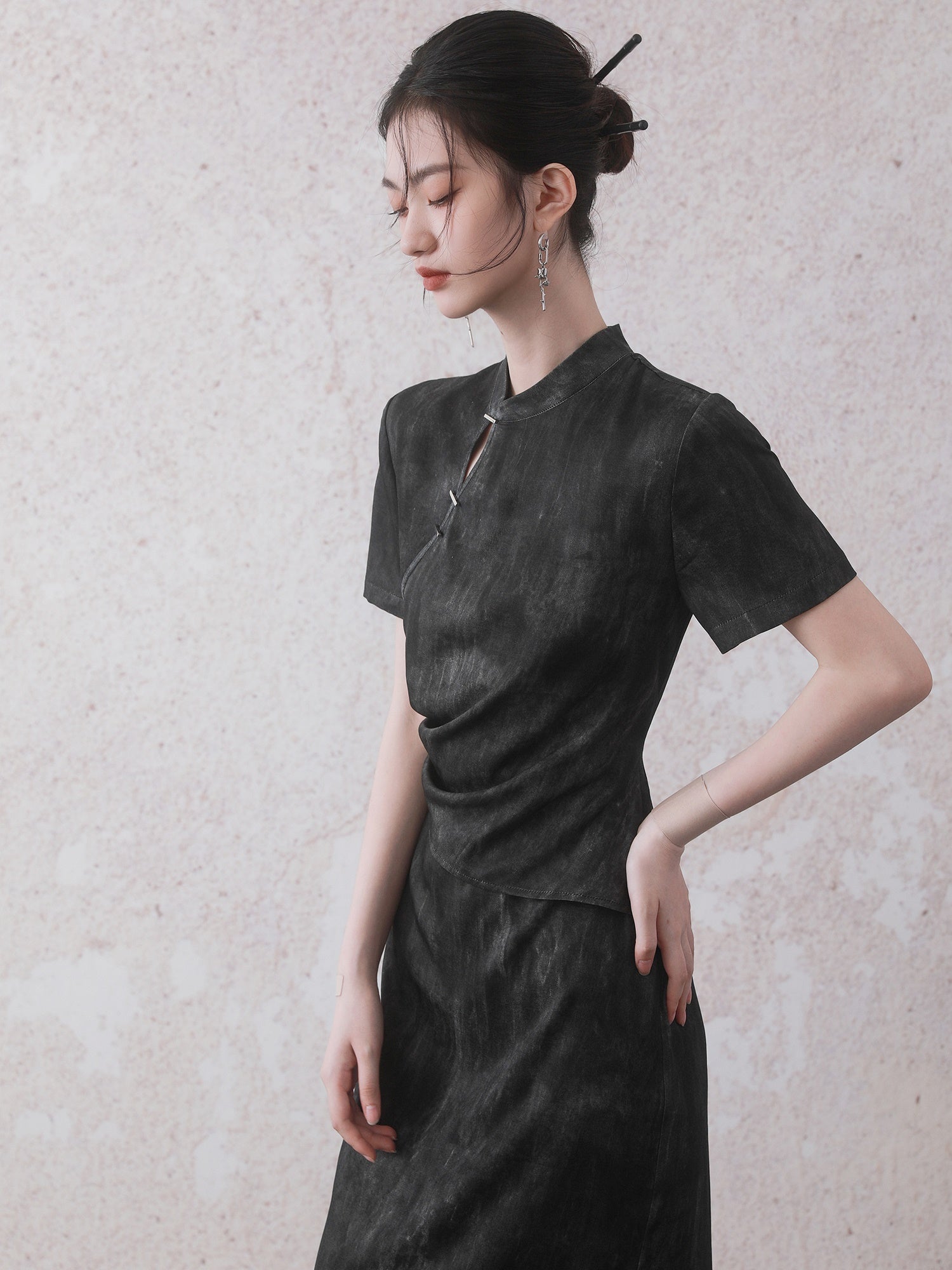 Chinese Style Gradation Wrinkled Short Sleeve Dress