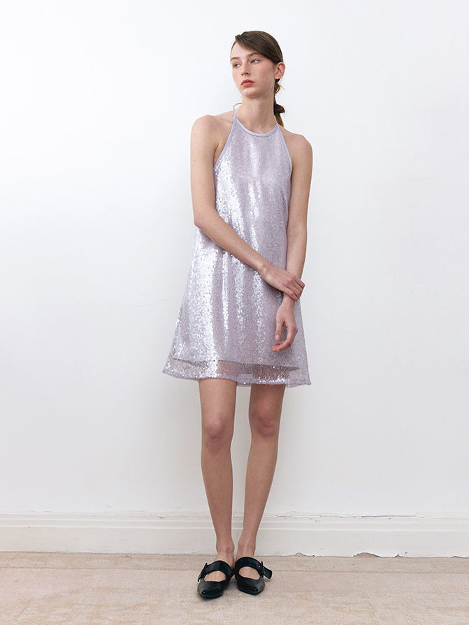 Pearlescent Three-dimensional Sequin Halter Neck Dress