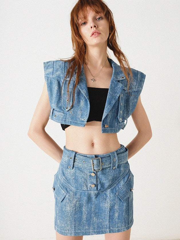 Denim Cropped Wide Vest ＆ MIni Skirt