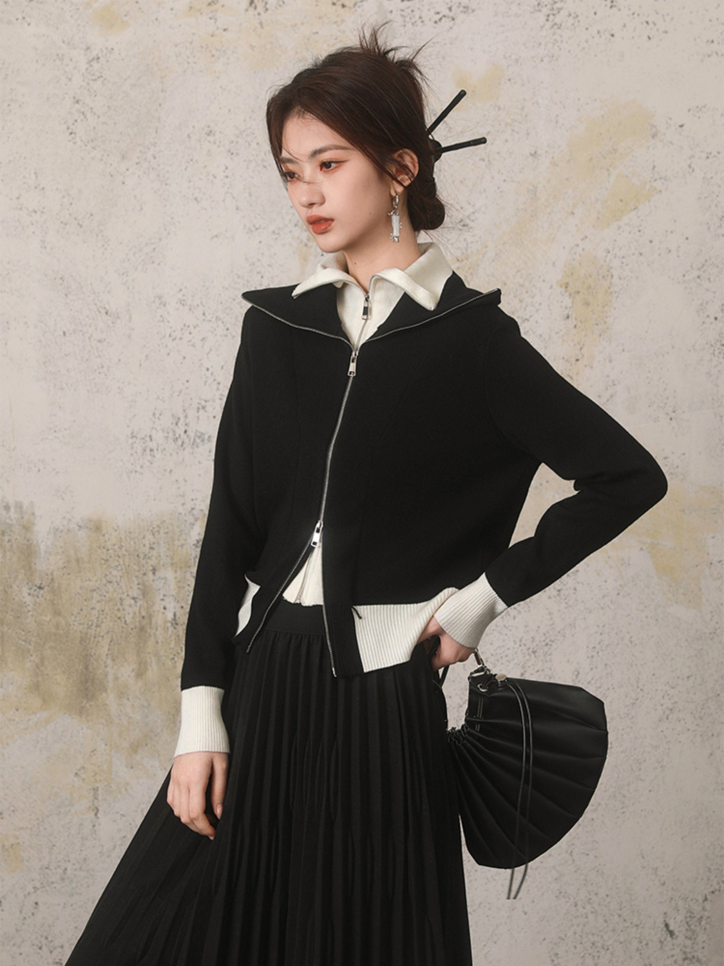 Double-collar Fake Two-piece Contrasting Color Cardigan