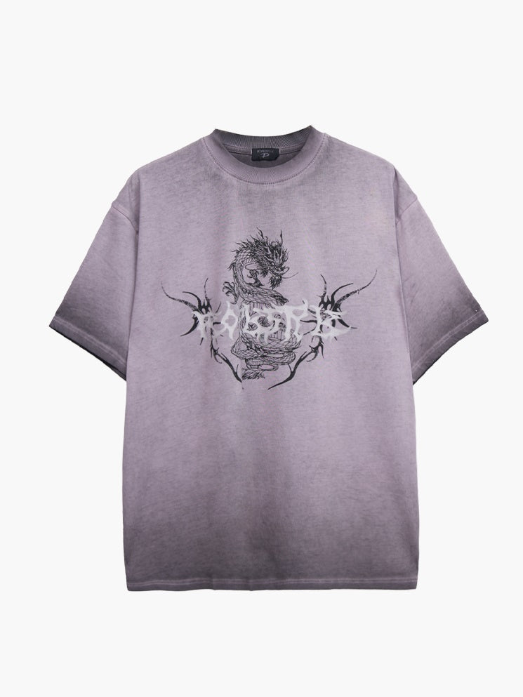 Dirty-dyed Chinese Dragon Print Round Neck T-shirt