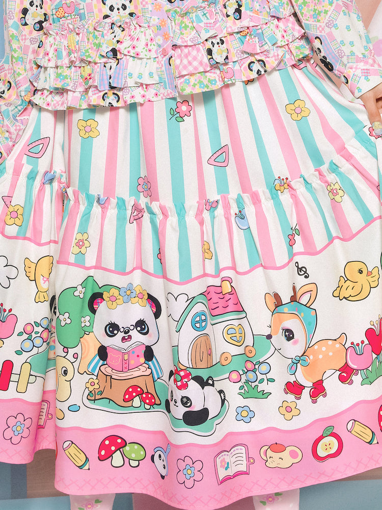 Striped Patchwork Panda Cartoon Printed Skirt