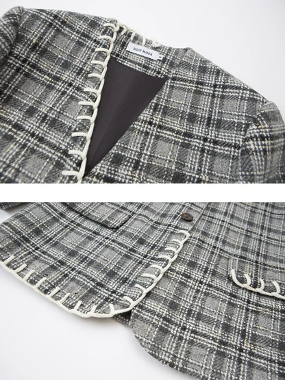 Woven Plaid No-Collar Jacket ＆ Vest ＆ Pleated Skirt