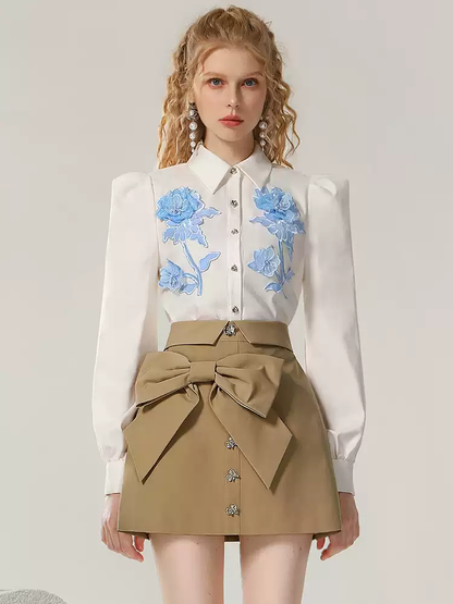 Embroidery Flower Ribbon Lace 3D Blouse＆Mini-Skirt