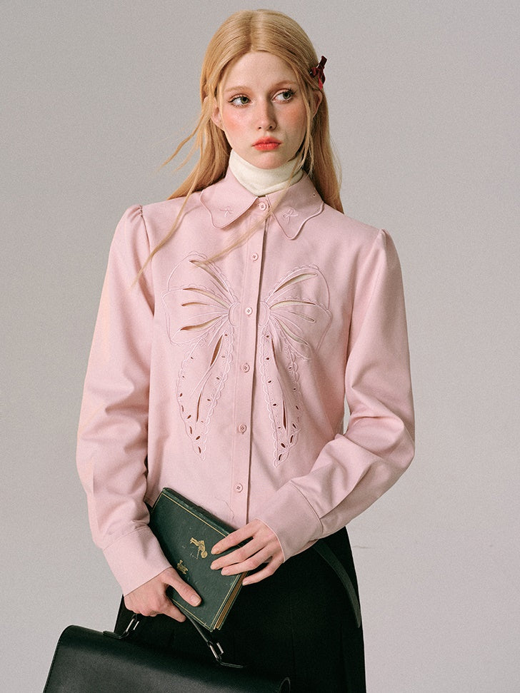 Bow Cut-out Embroidered Long-sleeved Shirt