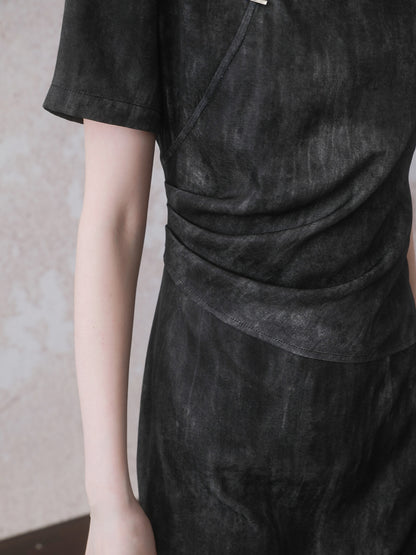 Chinese Style Gradation Wrinkled Short Sleeve Dress