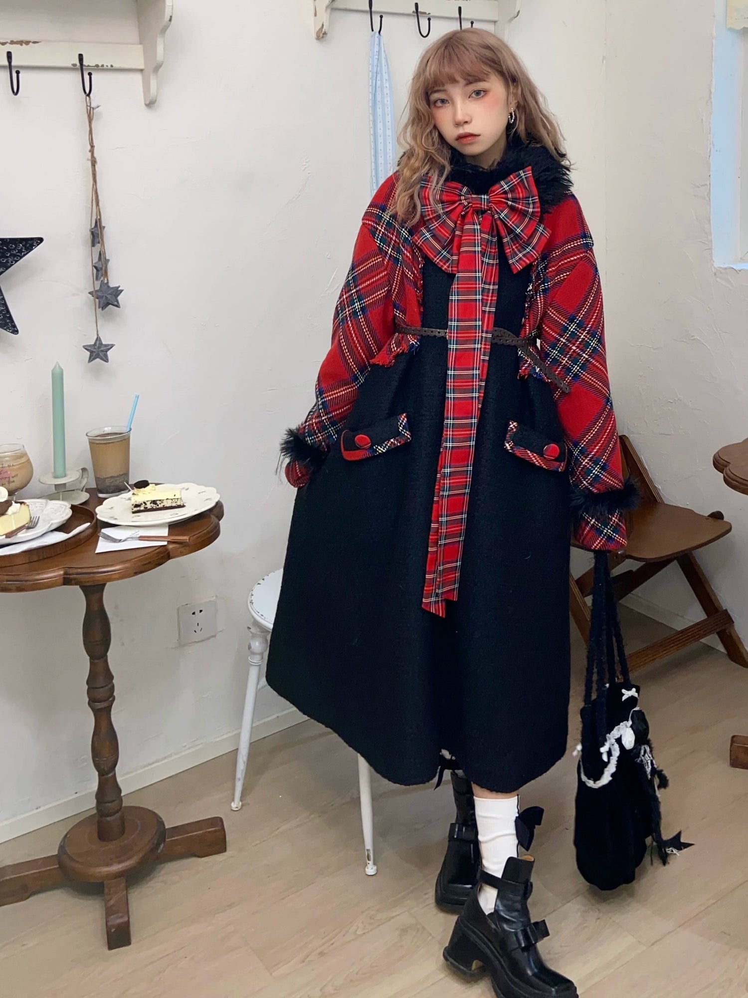 Retro Plaid Switching Long Coat