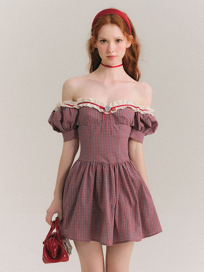 Plaid Heart Neck Bow Girly Dress