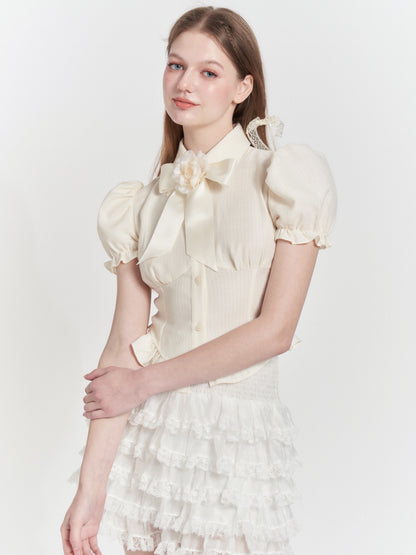 Camellia Ribbon Brooch Ruffle Puff Sleeve Shirt