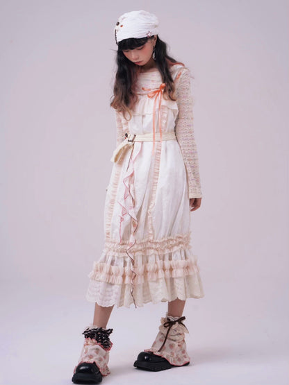 Loose Retro Pleated Lace Embroidered Dress