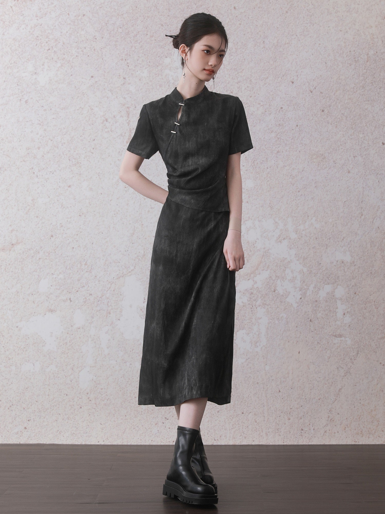 Chinese Style Gradation Wrinkled Short Sleeve Dress