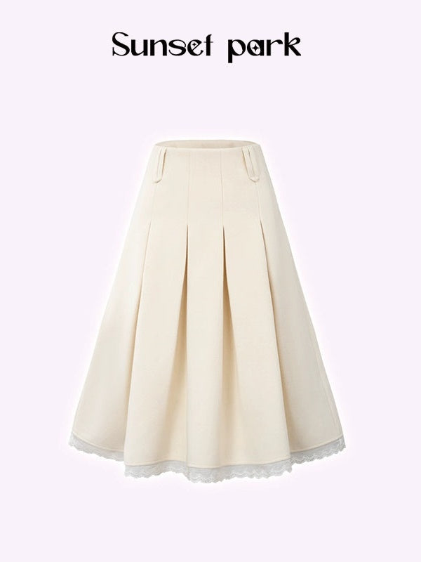 Embroidery Ribbon Short Jacket ＆ Mid-Length Tuck Pleated Skirt