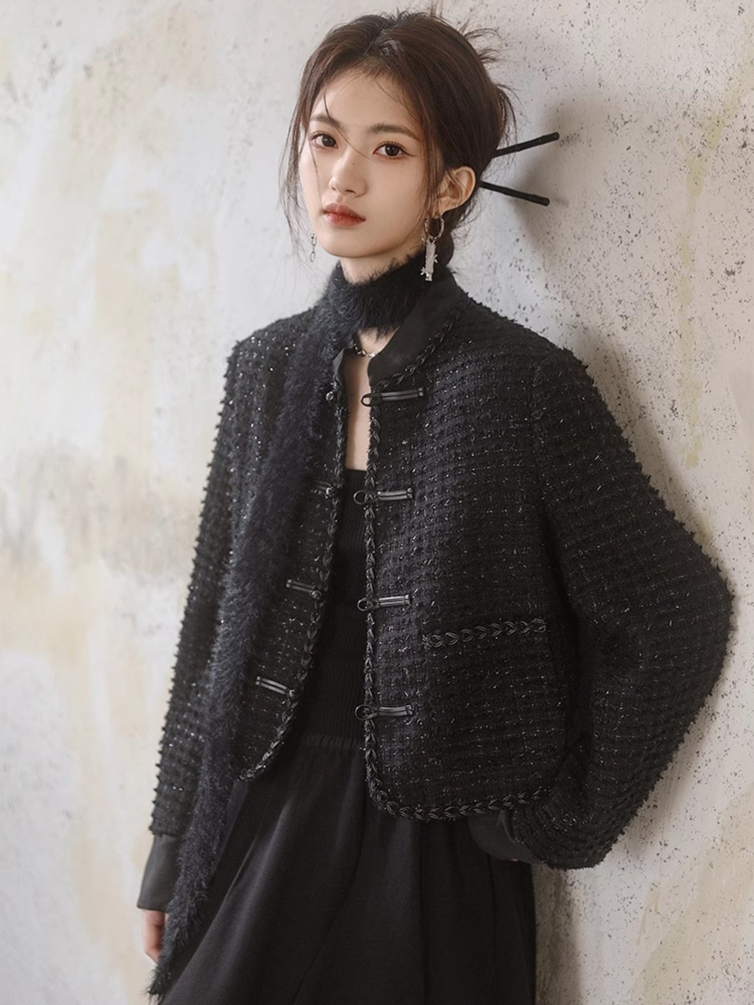 Veste courte en tweed de style chinois