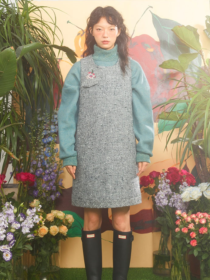 Kirschblüte bestickte Tweed -Weste Kleid