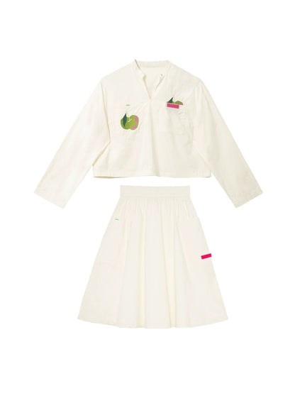 Retro Apple Embroidery V-neck Shirt &amp; Skirt