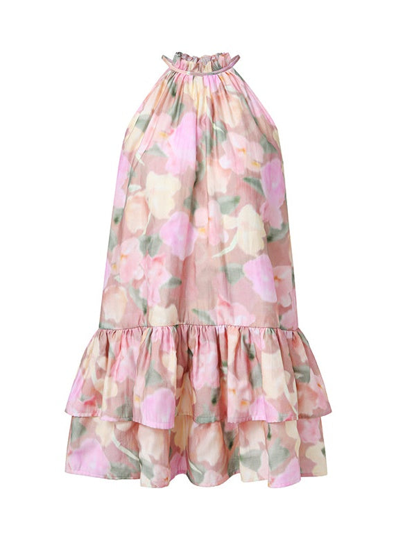 Floral Back Ribbon Hanging Neck Cake Dress