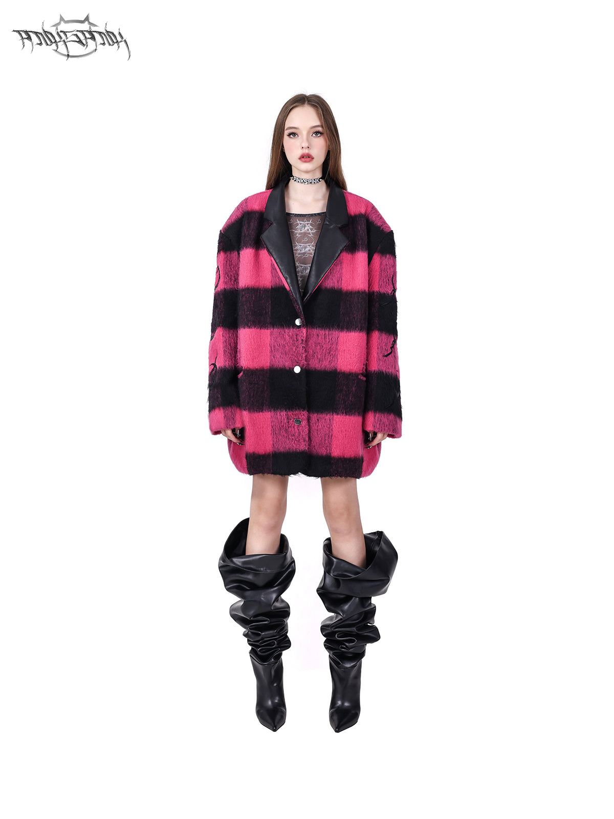 Plaid Leather Embroidered Shoulder Pads Genderless Coat