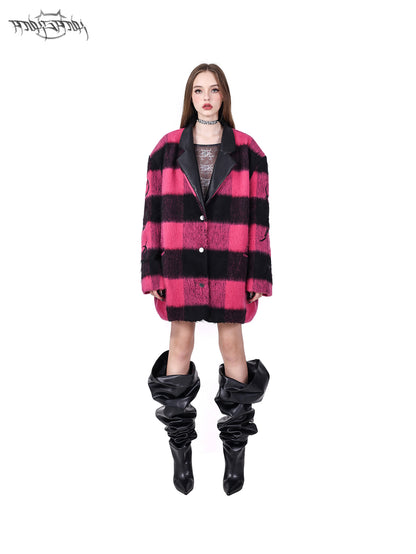 Plaid Leather Embroidered Shoulder Pads Genderless Coat