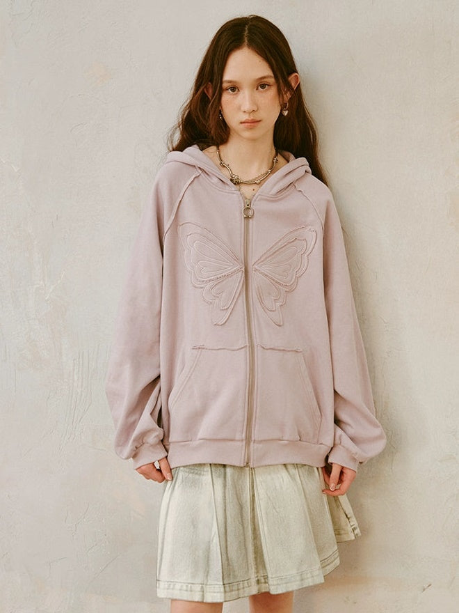 Butterfly Embroidery Loose ZIP-Up Hooded Sweat