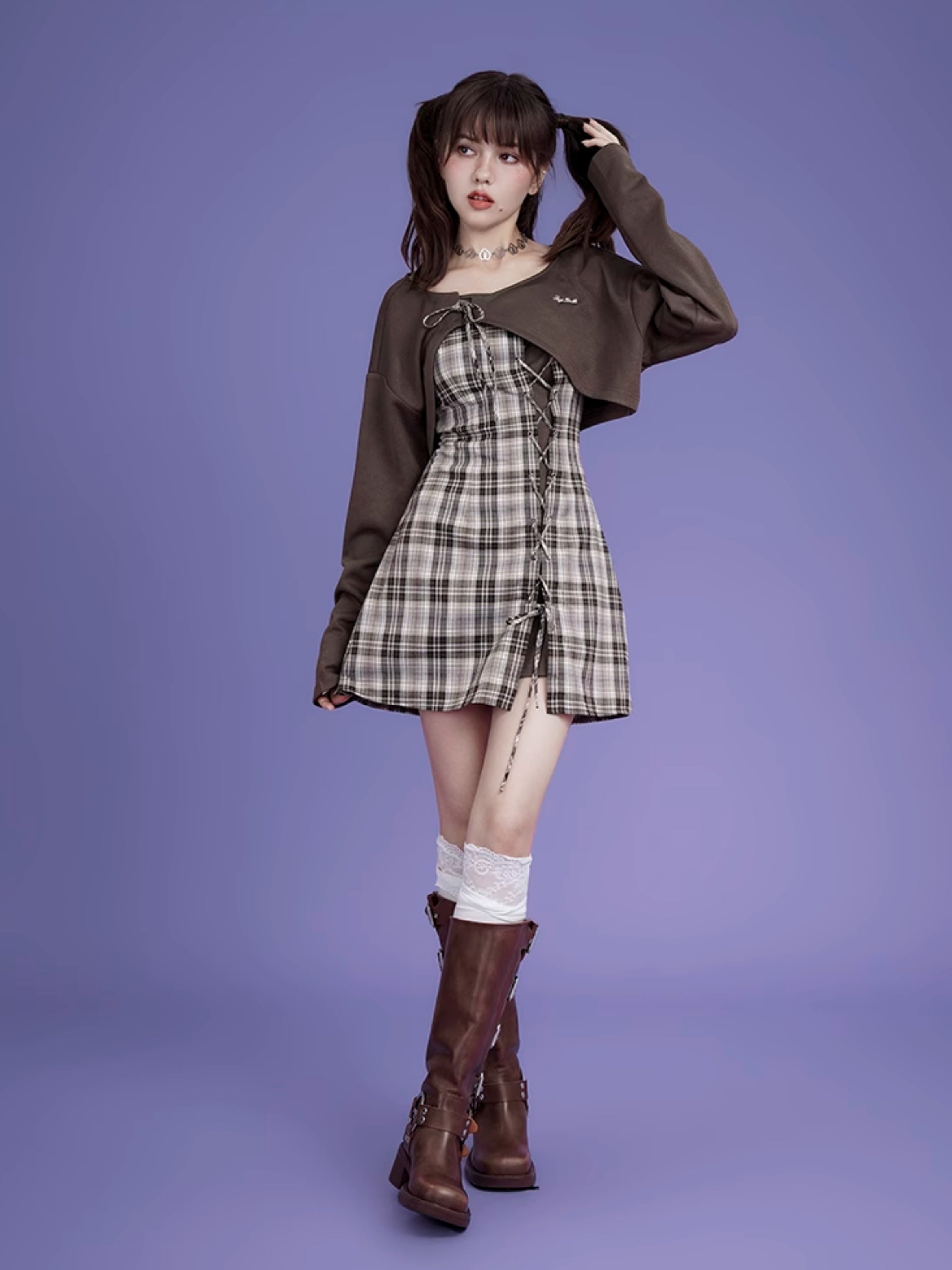 Plaid Suspender One-piece ＆ Cardigan Set-up