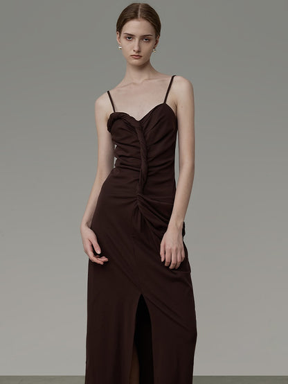 Twist Drape Design Slim Suspenders Slit Dress