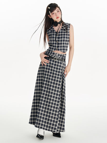 Plaid Short Vest &amp; High Waist A-line Long Skirt