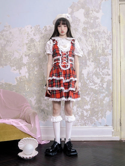 Plaid Cat Print Lace Suspender Dress