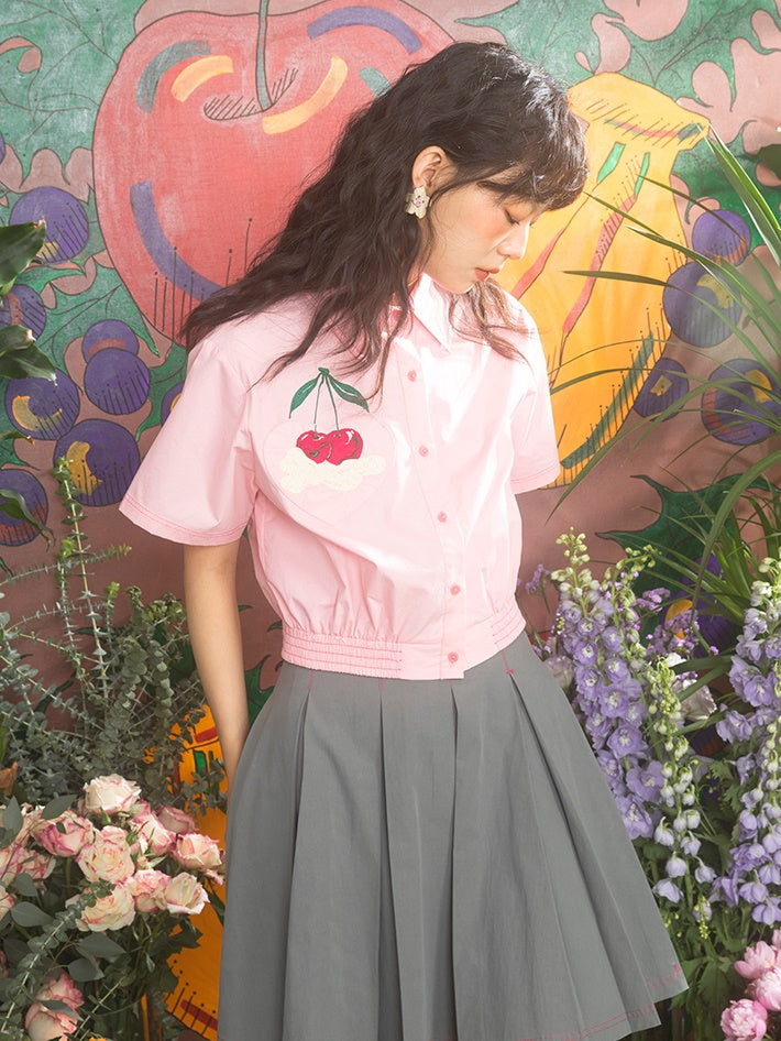 Retro Cream Cherry Embroidered Short-sleeved Shirt