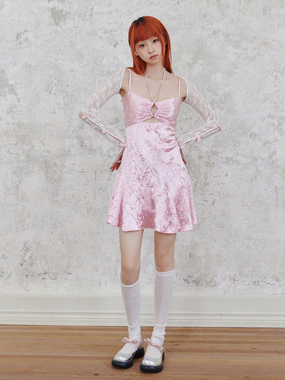 Shiny Hollow Suspender Dress &amp; Lace Sleeve