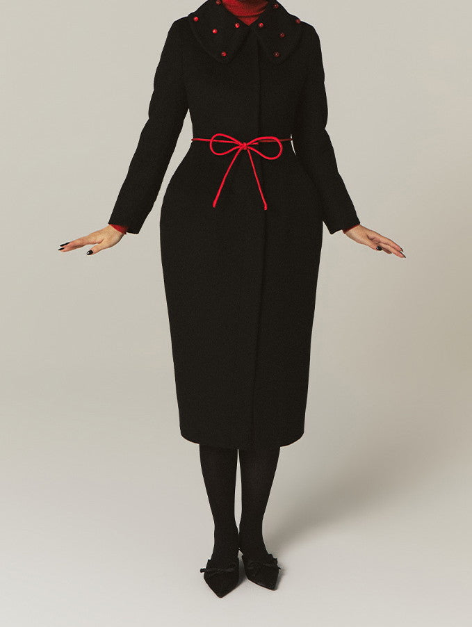 Beads Nichi Curve Ribbon Bi-Color Wool Long-Coat