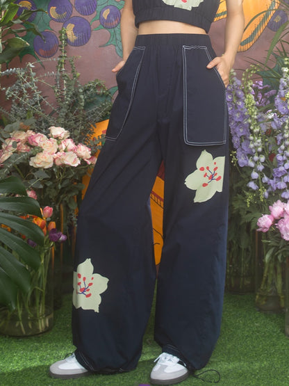 Cherry Blossom Print Straight Casual Trousers