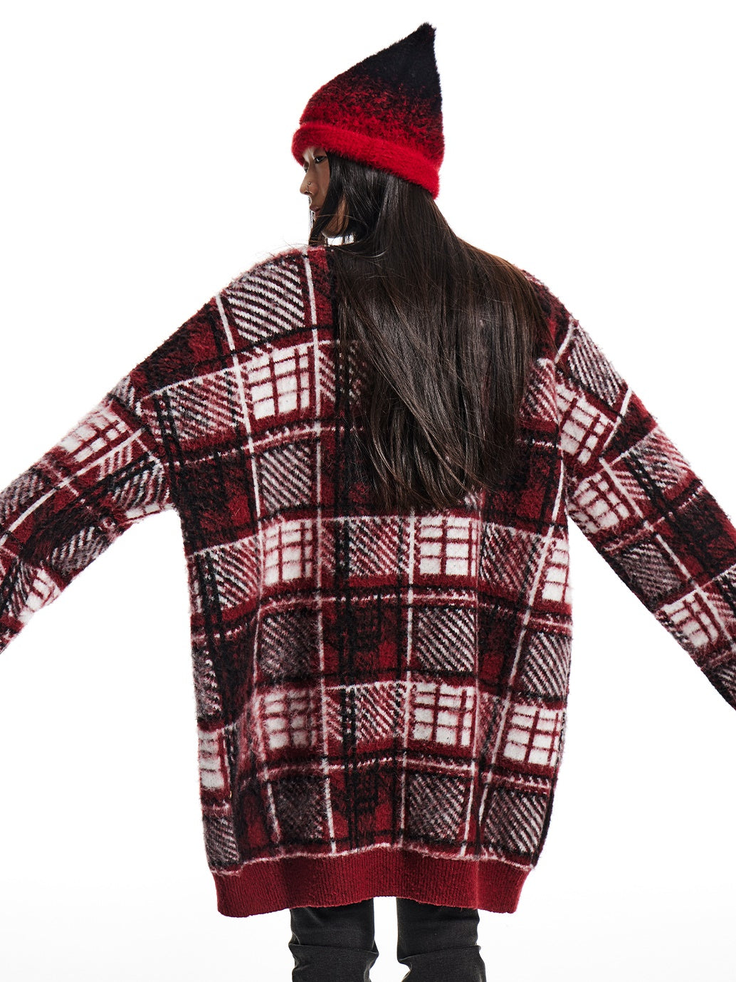 Plaid übergroße V-Ausck-Strickjacke