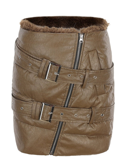 Fur Collar Short Down Jacket ＆ Slant Zipper Skirt