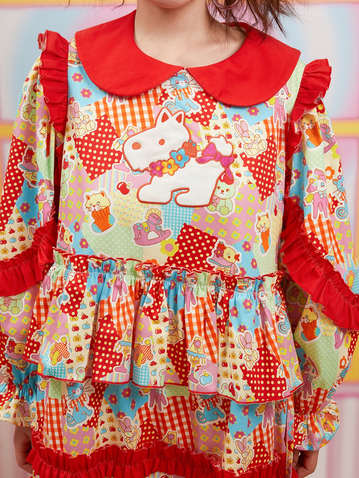 Plaid Doll Collar Print Cartoon Dress