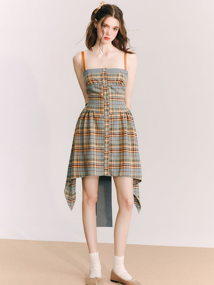 Sonnenblumenplaid -Hosenträger unregelmäßiges Kleid