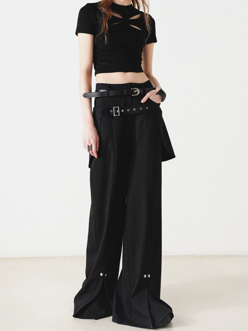 Wide Leg Pants With Belt Pocket