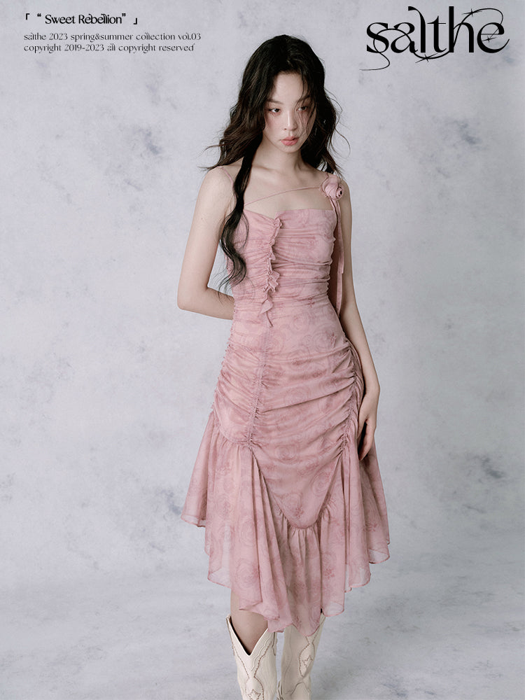 Rose Asymmetrical Wrinkled Suspender Dress