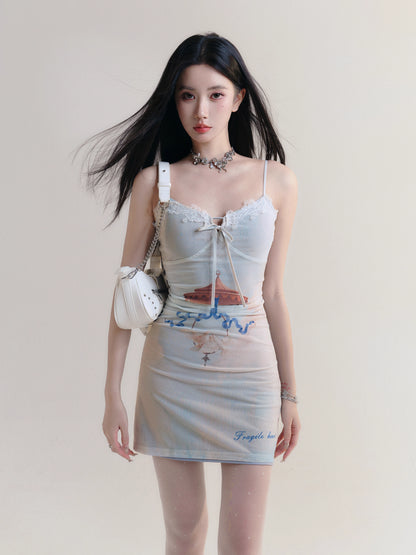 Romantic Lace Suspender Slim Dress