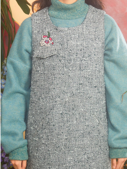 Kirschblüte bestickte Tweed -Weste Kleid