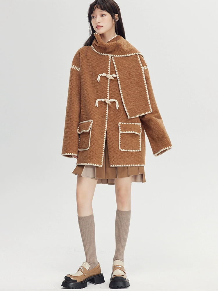 Embroidered Stitch Horn Button Coat