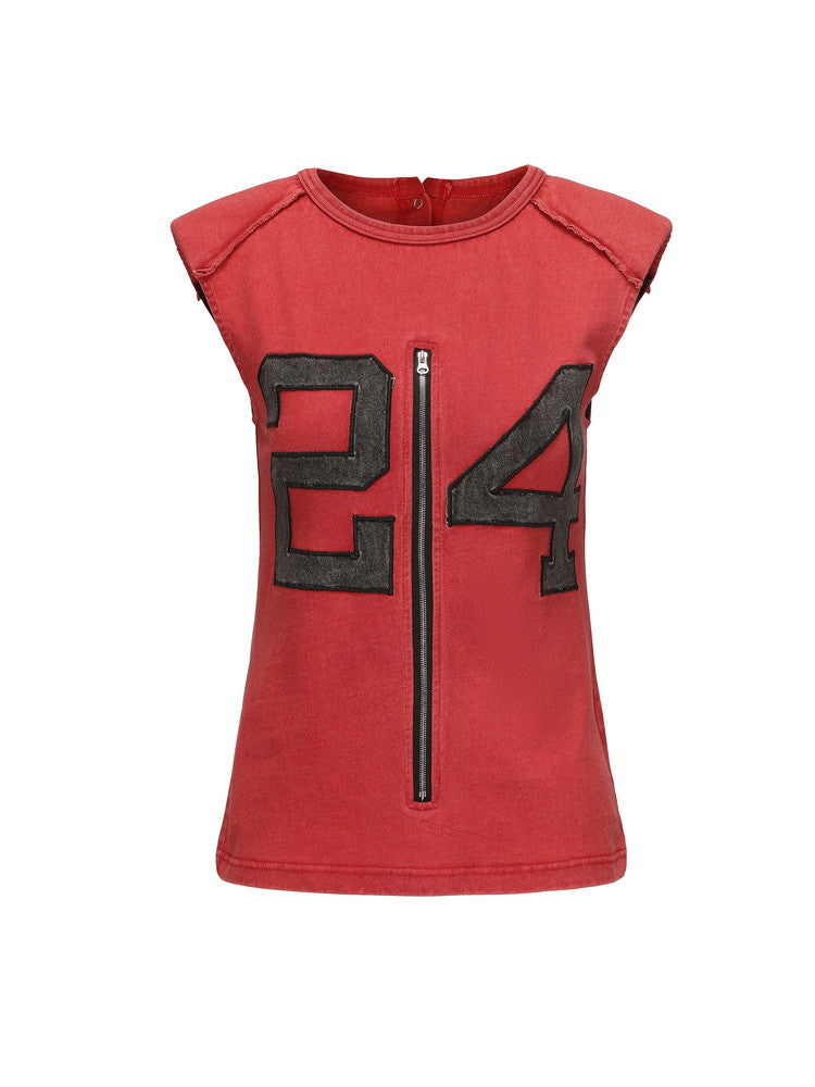 Zip Number No-Sleeve Retro Tops